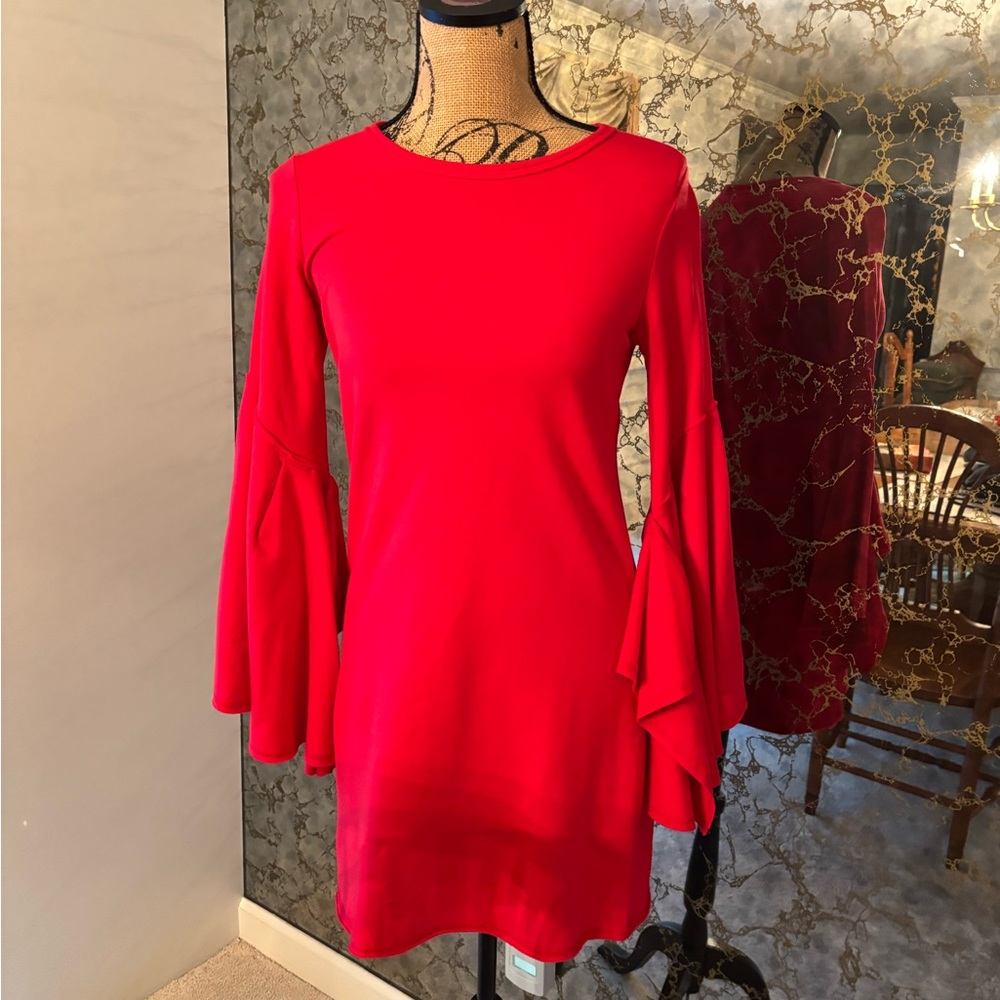 Boston Proper Vibrant Red dress with bell sleeves.